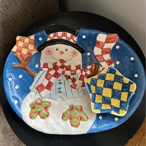 Festive Snowman Holiday Plate with Checkered Dish